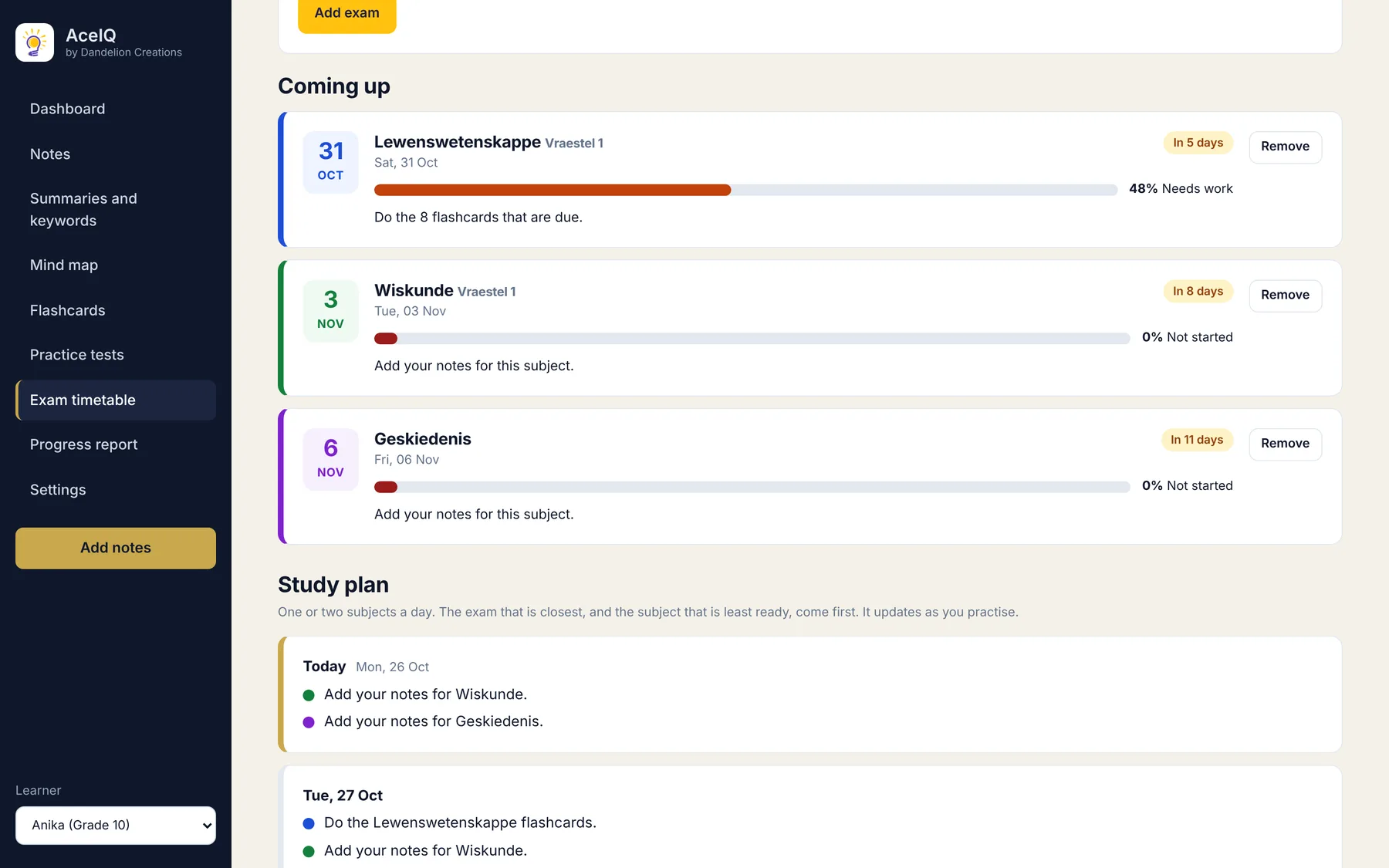 AceIQ exam timetable with a study plan for each day and how ready each subject is