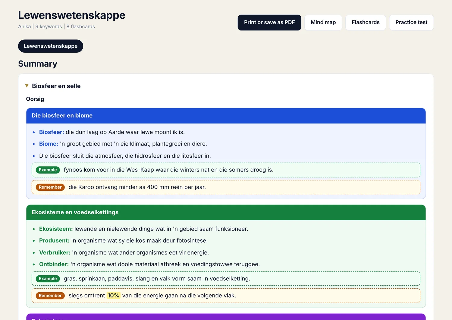 AceIQ summary of Grade 10 Life Sciences notes in Afrikaans, in colour coded blocks with terms, examples and reminders