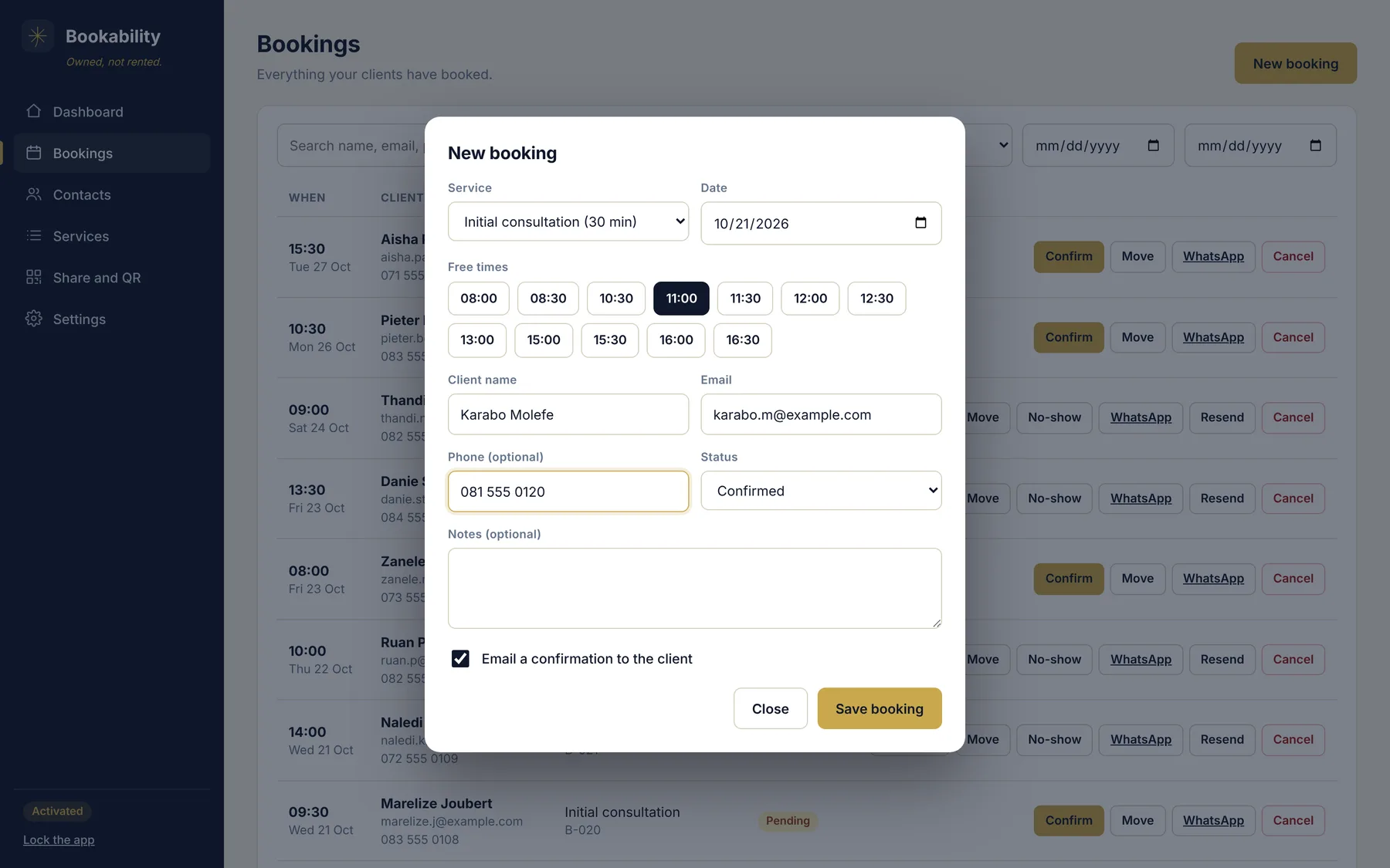 The new booking form showing only free times