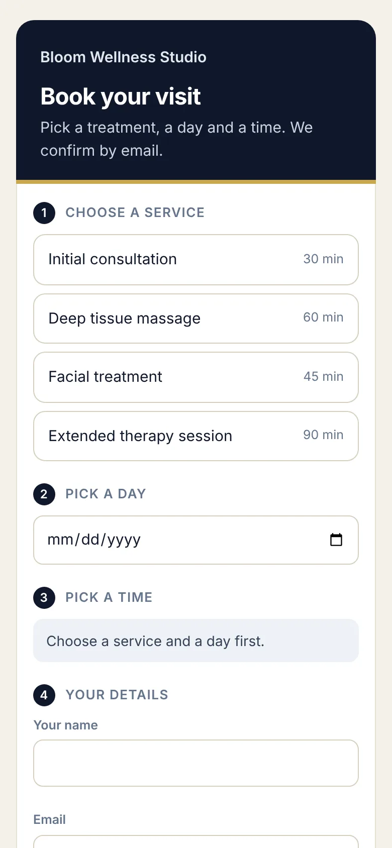 The client booking page on a phone, with a list of services to choose from