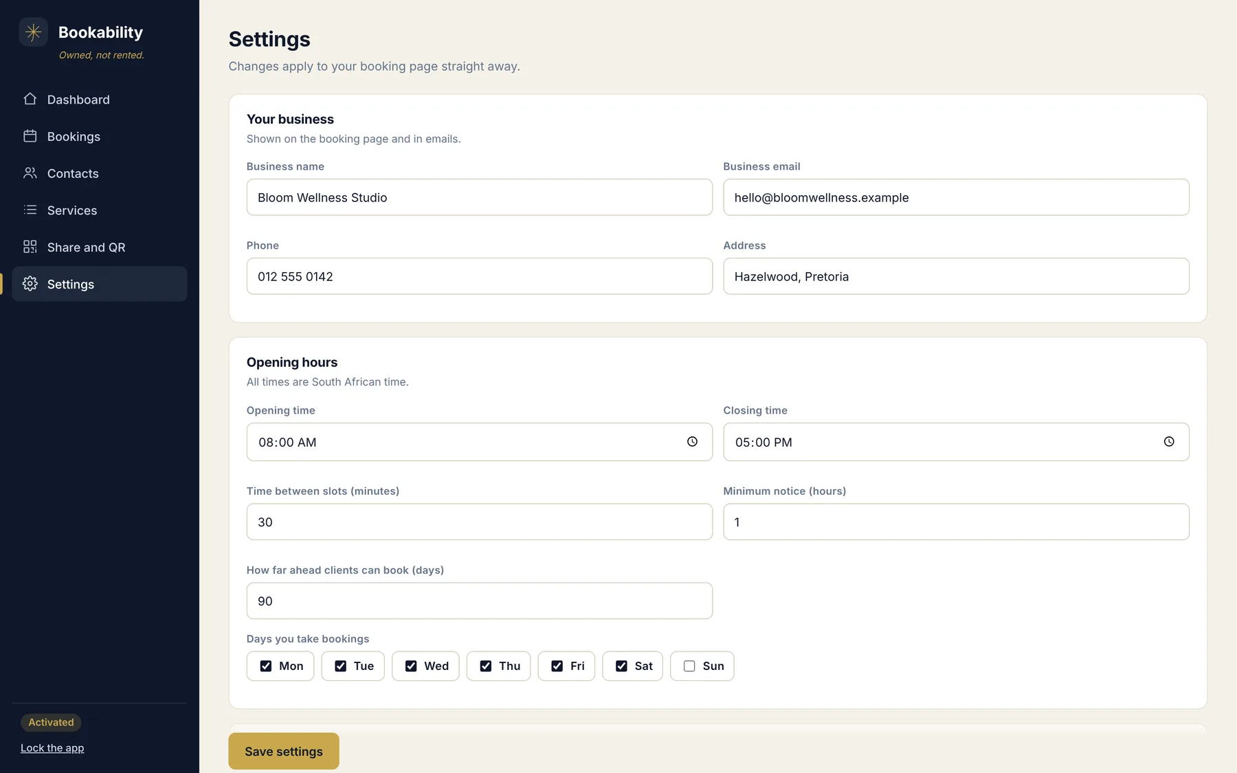 Settings for business details, opening hours and the booking page