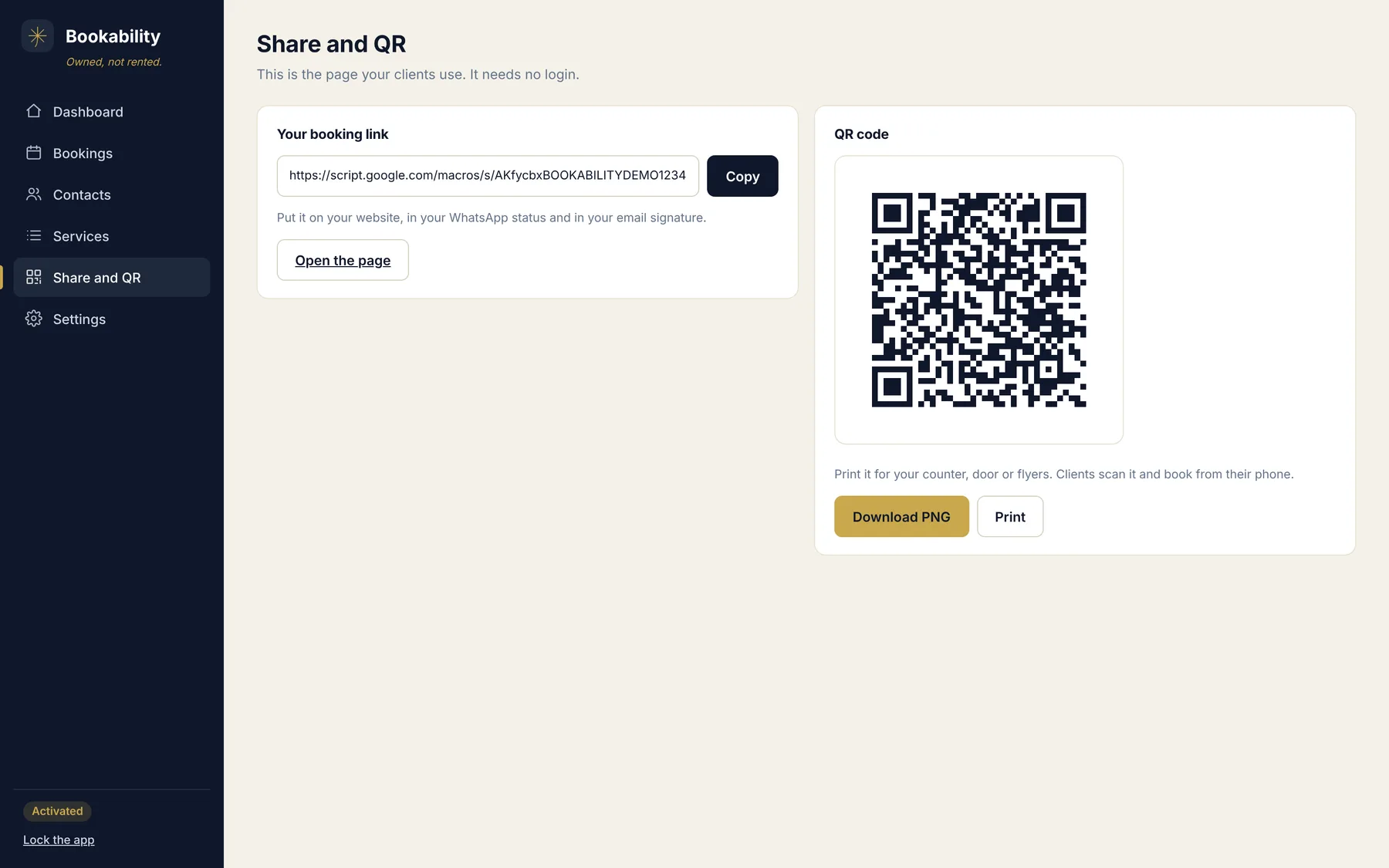 The share page with the public booking link and a QR code