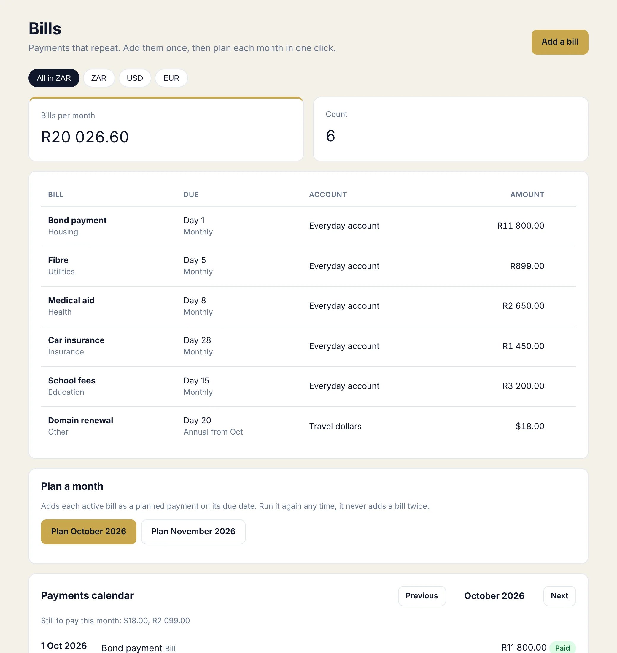 BudgetAbility bills with a payments calendar