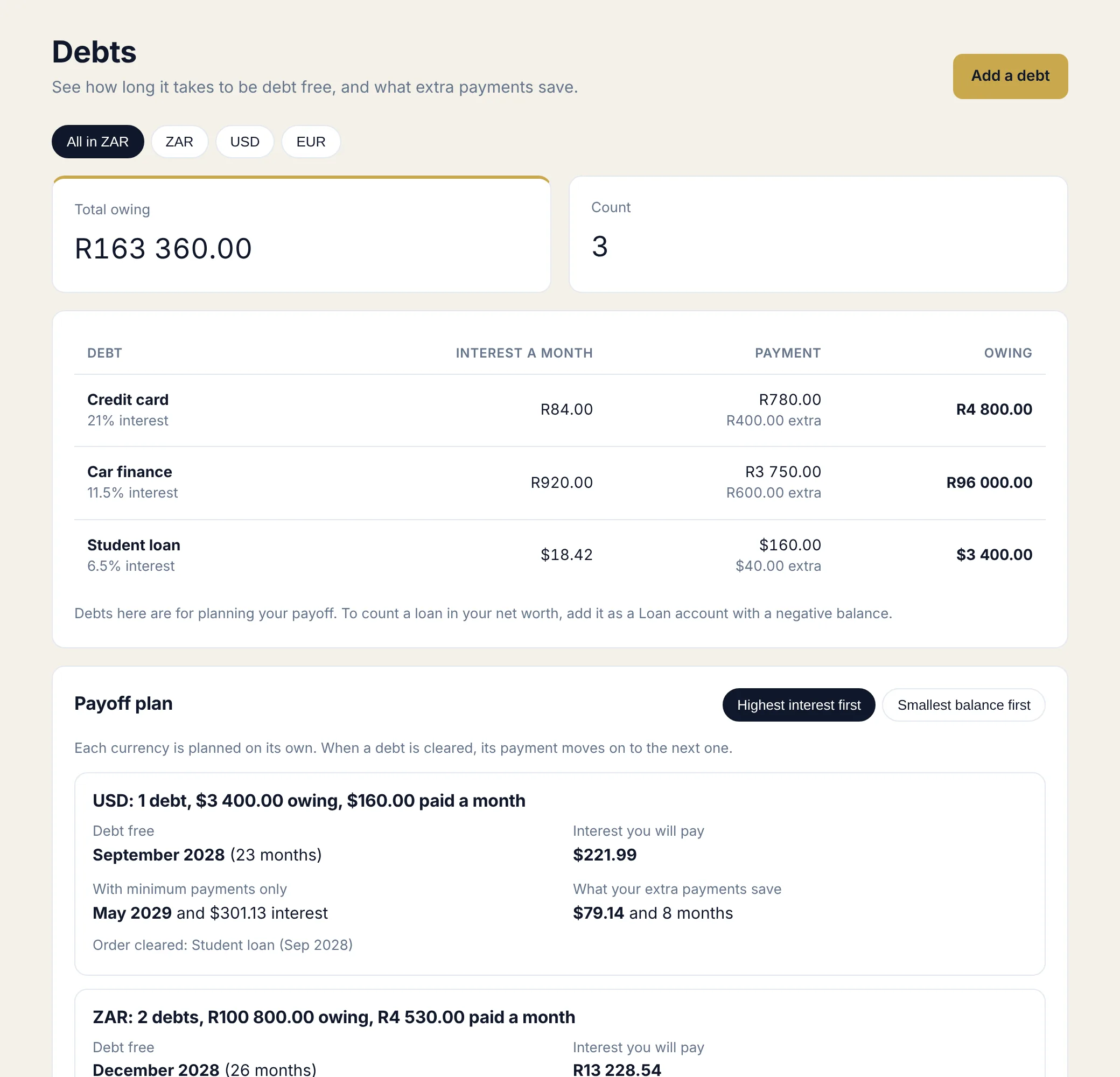 BudgetAbility debt payoff plan with debt free date and interest saved