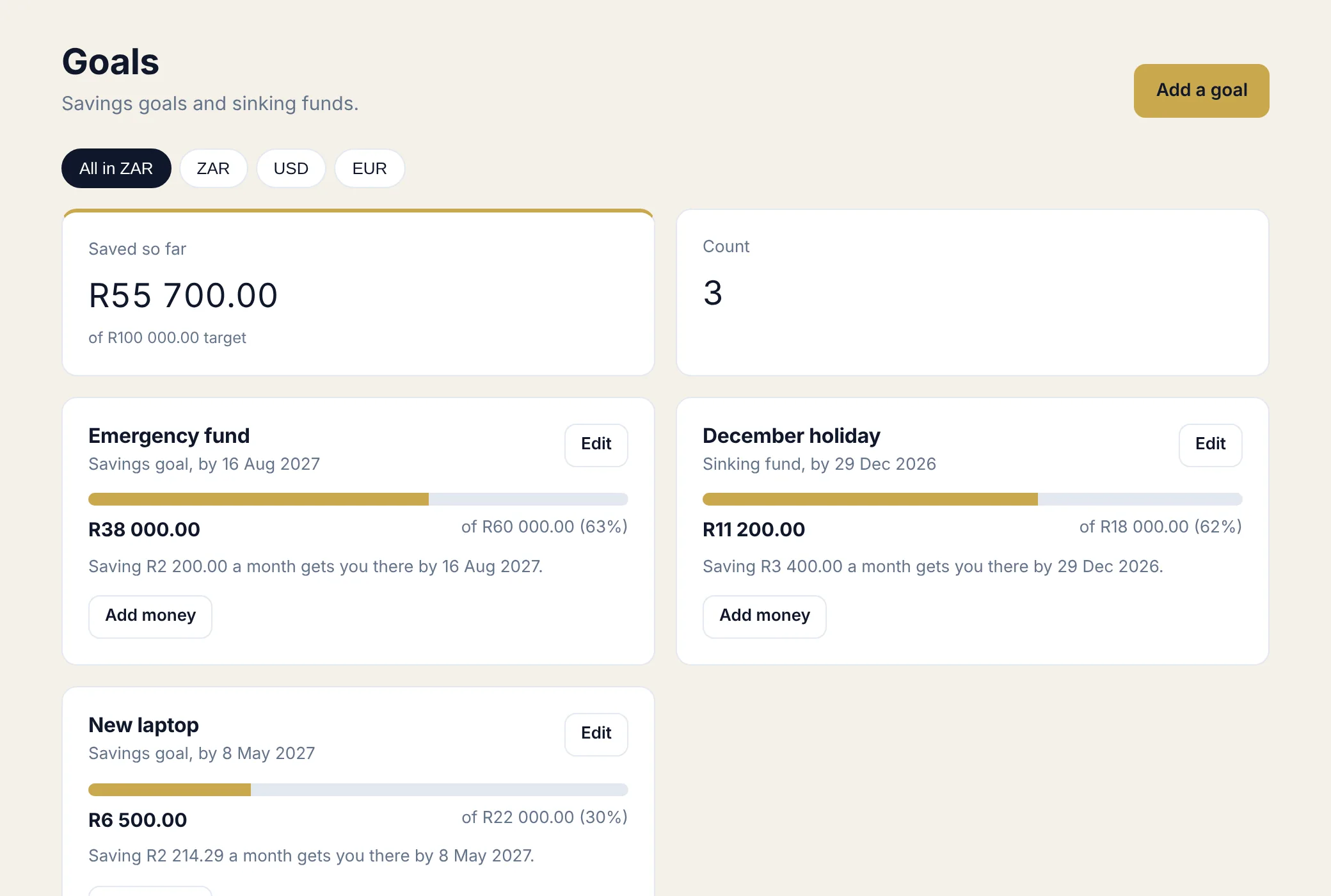 BudgetAbility savings goals with progress bars