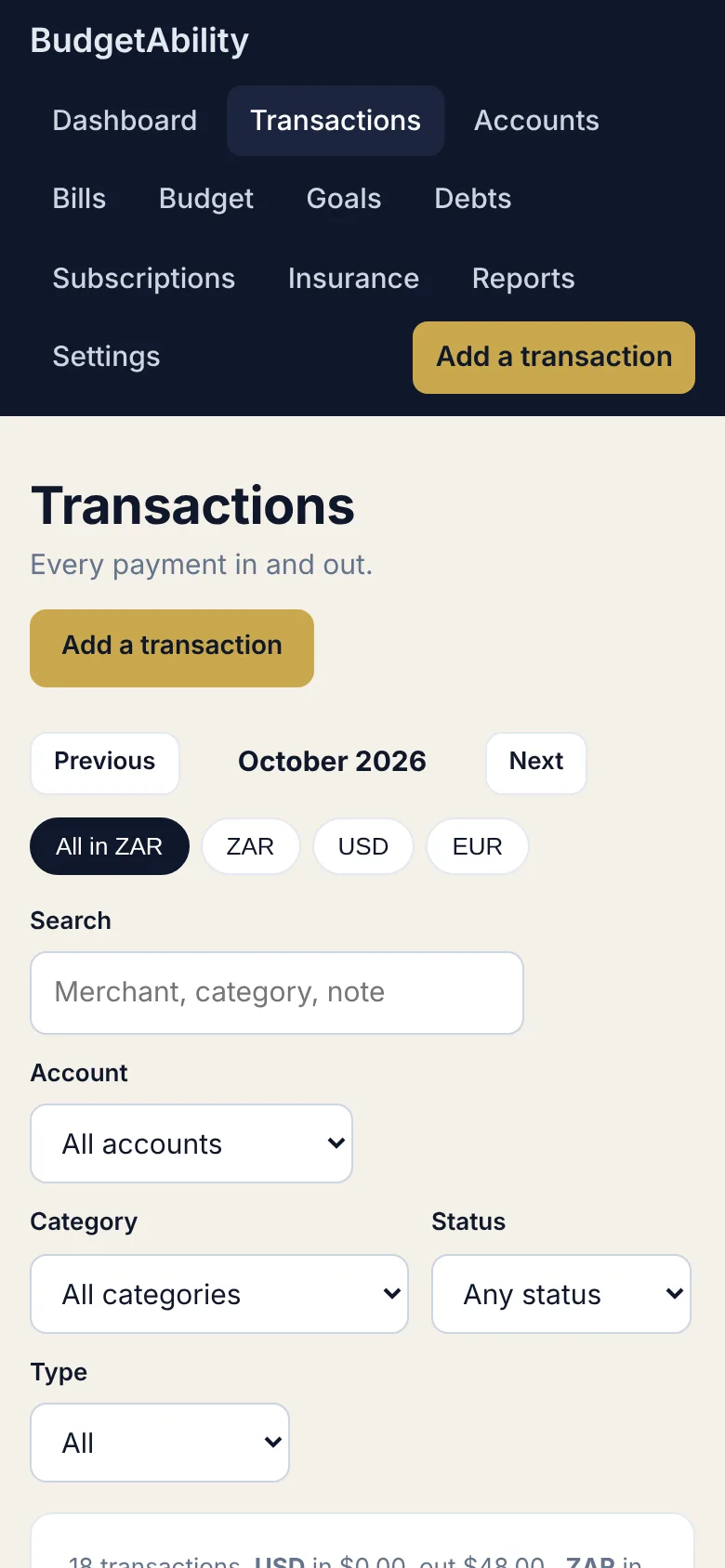BudgetAbility transactions on a phone