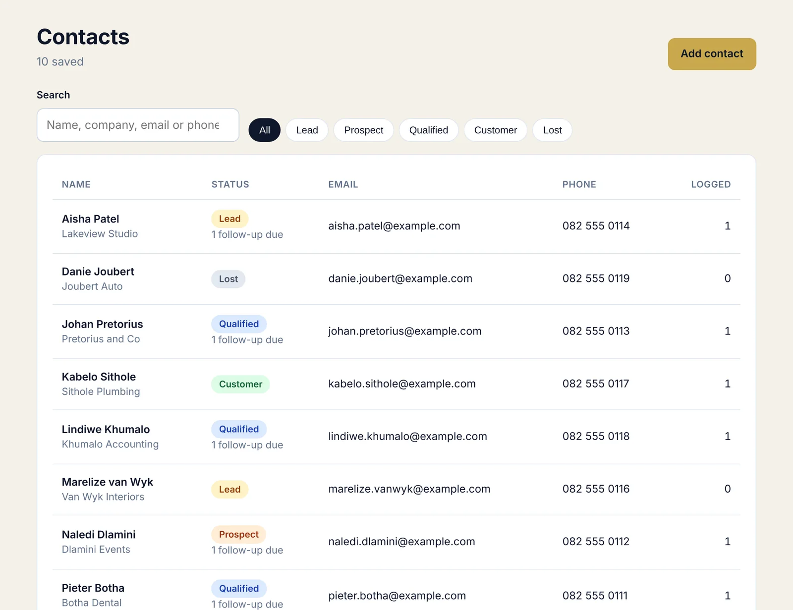 ConnectAbility contact list with lead status labels