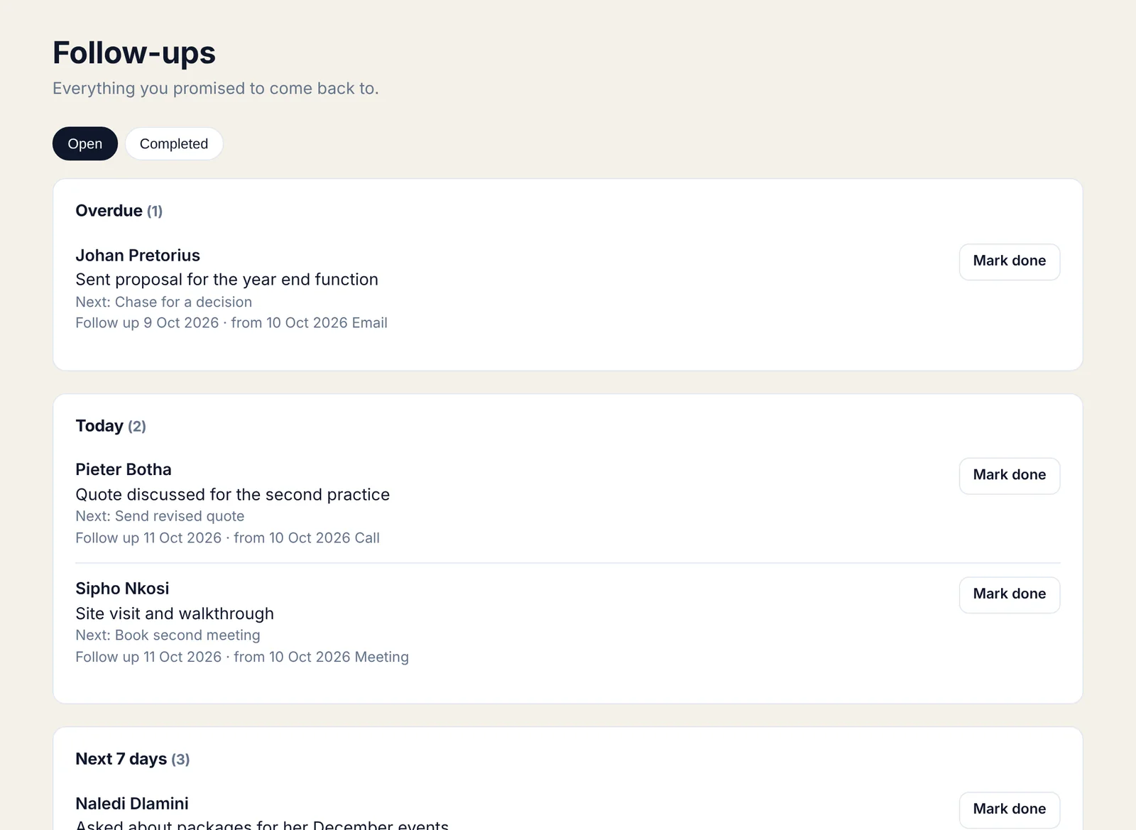 ConnectAbility follow-ups list showing overdue, today and upcoming follow-ups