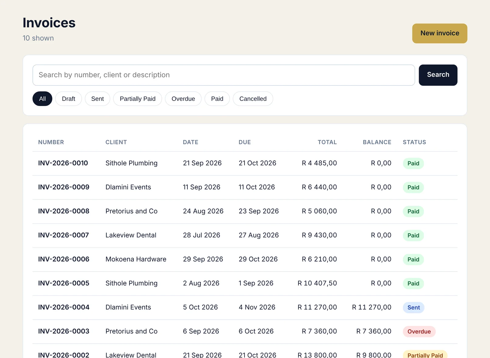 PayAbility invoice list with paid, sent, partially paid and overdue statuses