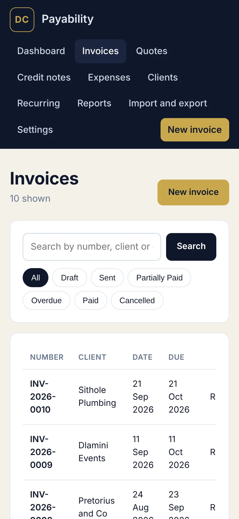 PayAbility invoice list on a phone