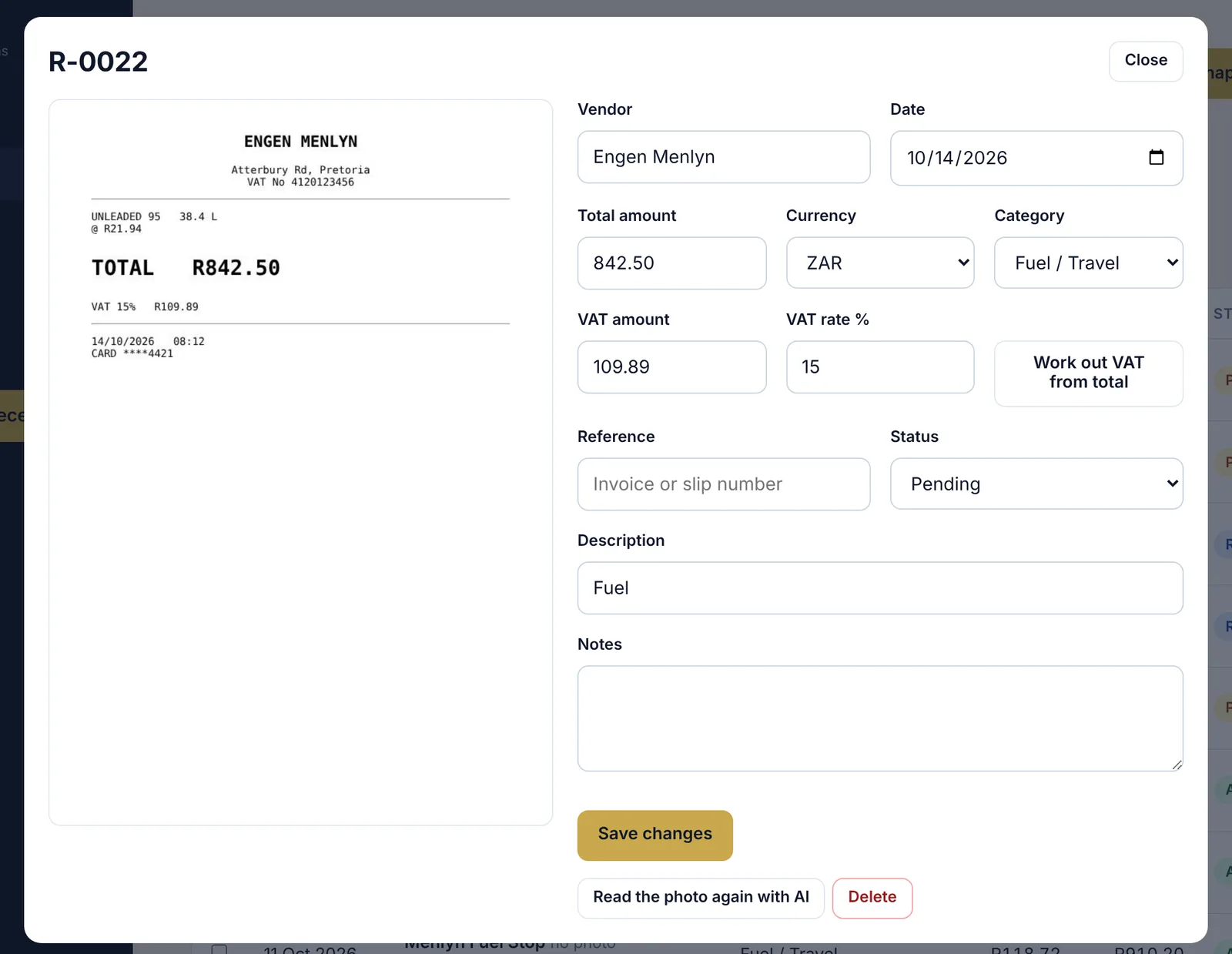 Receipt photo next to the details the AI read, ready to check and save