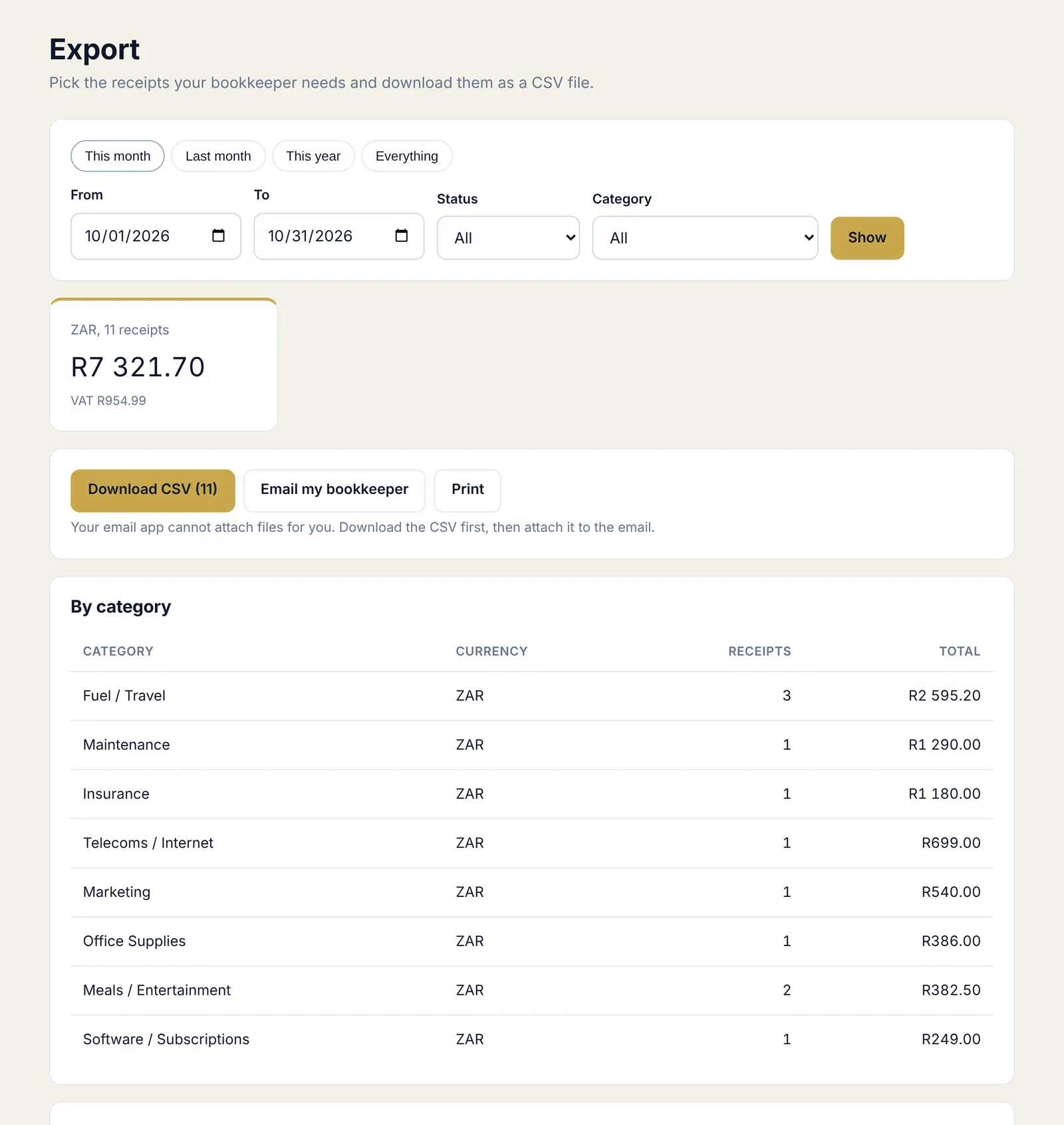 ReceiptSnap export page with totals by category and a CSV download