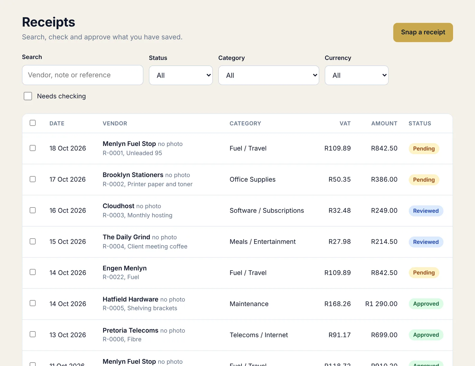 ReceiptSnap receipt list with search, status and category filters