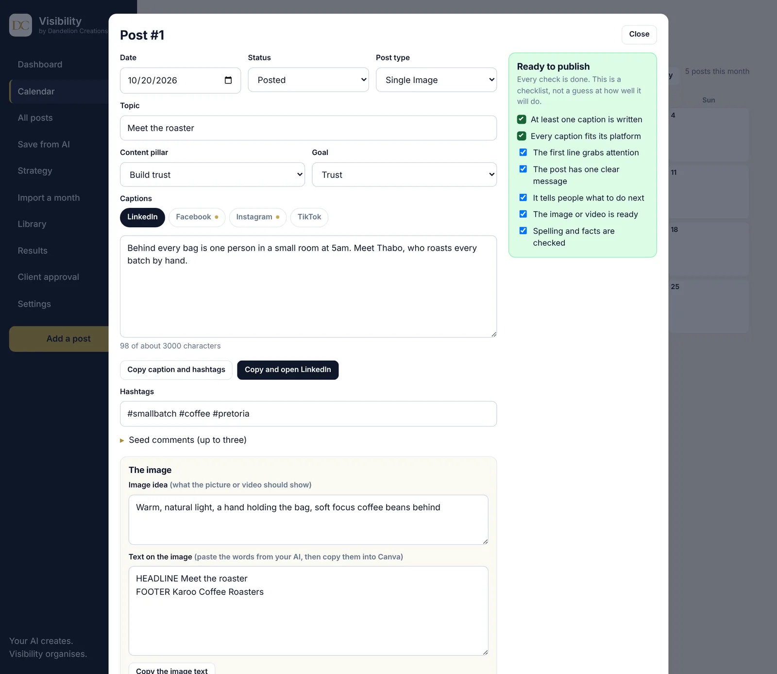 Visibility post editor with captions per platform, the ready checklist and the image idea